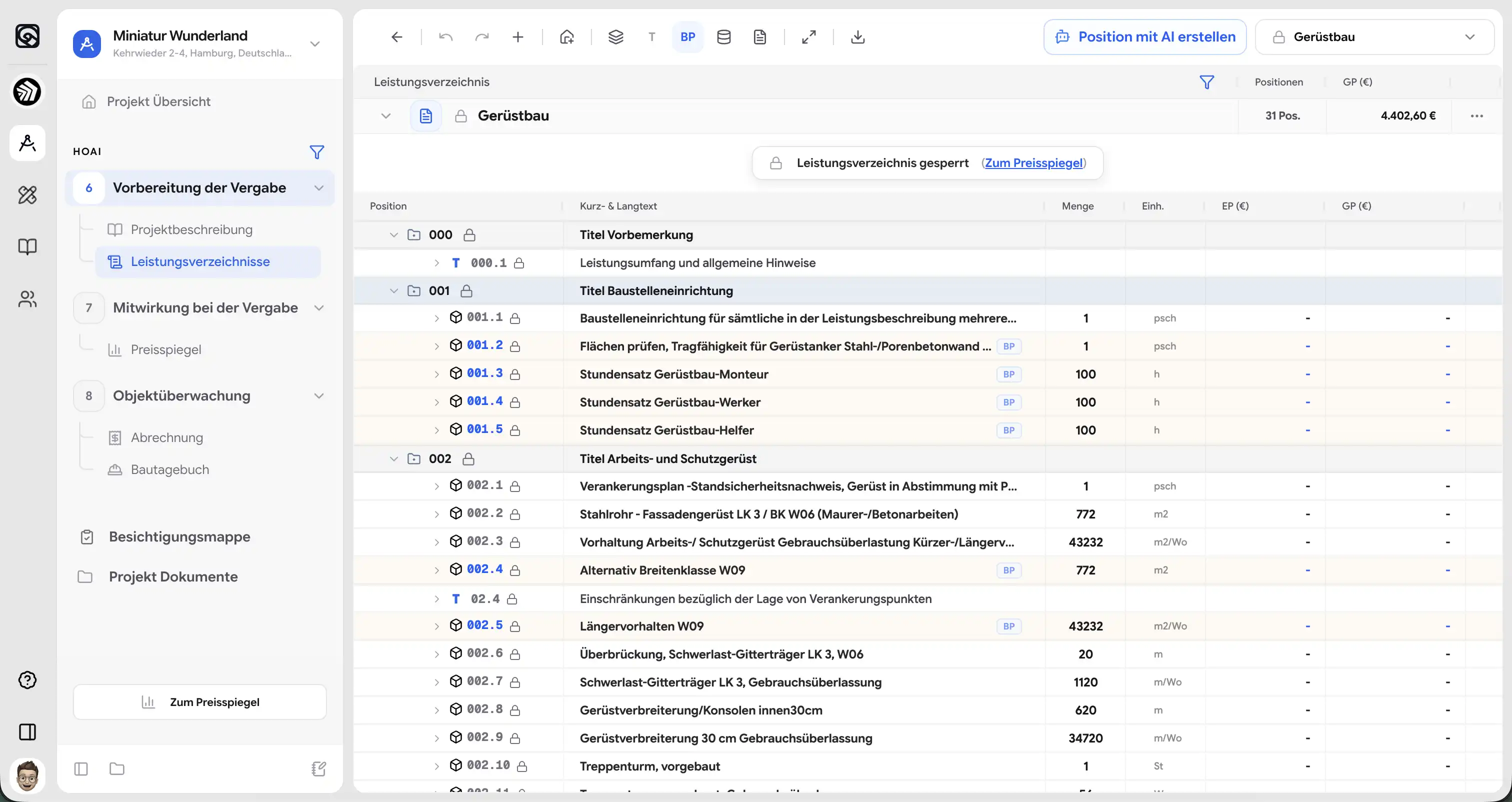 Blauplan AVA Software Benutzeroberfläche